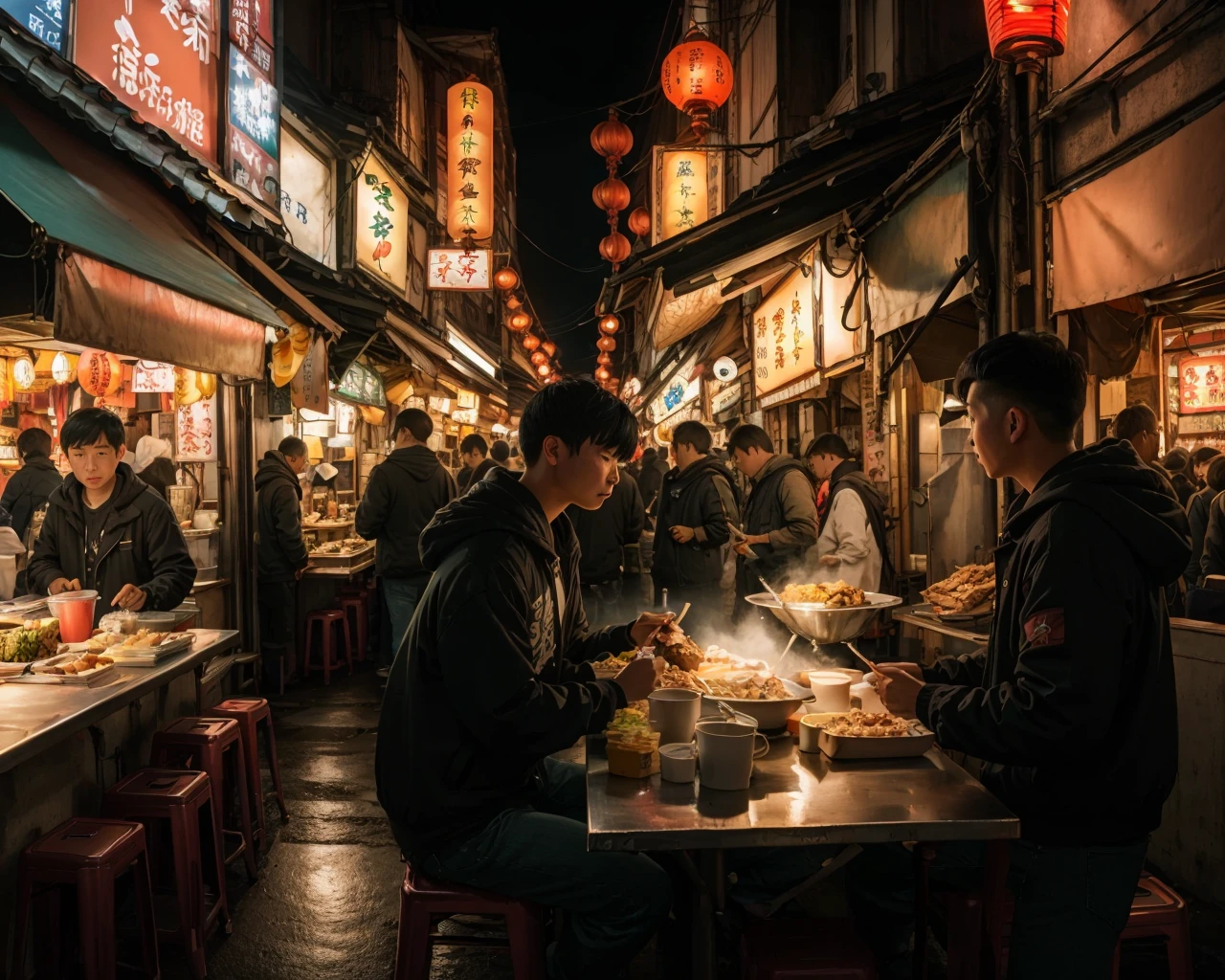 best quality,masterpiece,highly detailed,ultra-detailed, 
<lora:neg4all_bdsqlsz_V3.5:-1>,
 <lora:Taiwansnightmarkets:1>
Taiwans night markets, multiple boys, sitting, stool, jacket, black hair, scenery, male focus, neon lights, bar \(place\), restaurant, pants, hood, food, bottle, lantern, short hair, sandals, paper lantern, 2boys, cup, sign, food stand, alcohol, indoors