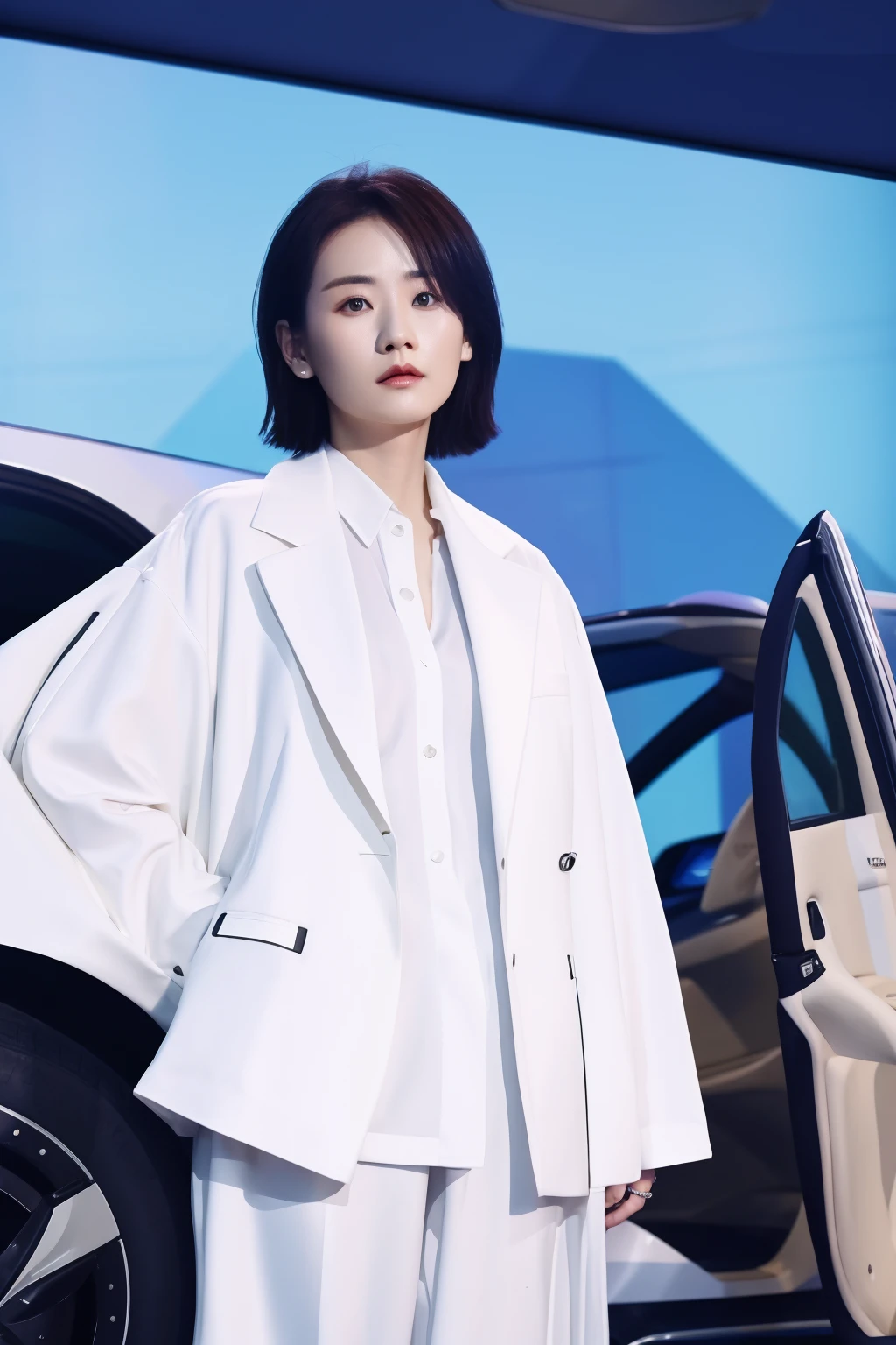 LYS,liuliu,bag, jacket,motor vehicle,pants,ring,white shirt<lora:LYS-000018:0.9>