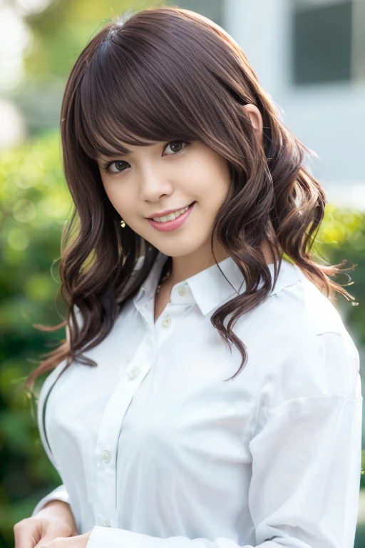 1girl, (white casual shirt:1.6),(RAW photo, best quality:1.4), (realistic, photo-realistic:1.4), masterpiece, an extremely delicate and beautiful, extremely detailed, 2k wallpaper, Amazing, finely detail, extremely detailed CG unity 8k wallpaper, ultra-detailed, highres, soft light, beautiful detailed girl, extremely detailed eyes and face, beautiful detailed nose, beautiful detailed eyes,cinematic lighting,(blurry,bokeh backgound:1.6),(dontown:2.0),perfect anatomy,(slender body:1.0),(close up face:1.2),(smile gently,Friendly, warm:2.0),(looking at viewer:1.8),(young japanese idol:1.8),(wavy brown hair:1.8), (brown eyes:1.8),(standing:1.6), (cleavage:0.4), <lora:matsudarisae_lora-01:0.8>