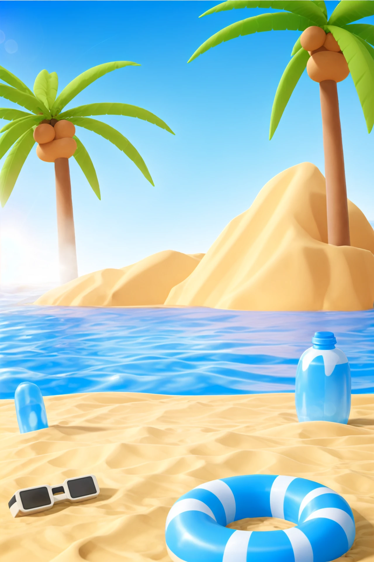guchen,masterpiece,best quality,3ddianshang\(style\), no humans, palm tree, ocean, cloud, tree, outdoors, sky, day, beach, water, bottle, blue sky, sand, watercraft, lens flare, innertube, sun<lora:çµå7:0.7>,