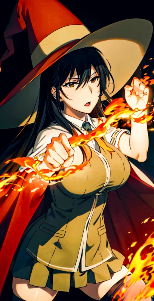 AKV2, 1girl, solo, portrait, witch outfit, witch hat, stockings, (fist bump viewer), (fire fists), (flaming fists up stance), surrounded by flames, perfect quality, good quality, masterpiece, HDR, UHD <lora:Ayaka Kagari V2-000003:0.7>