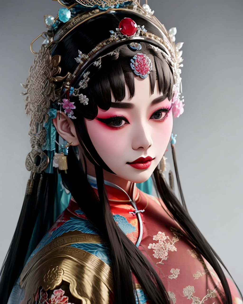 best quality,masterpiece,highly detailed,ultra-detailed, <lora:BeijingOpera:1> beijing opera, solo, 1girl, black hair, makeup
black eyes, chinese clothes, floral print, gem, hair ornament, headdress, holding, jewelry, lips, long hair, looking at viewer, simple background, solo, standing, traditional clothes, upper body <lora:cartoonisationer:2>