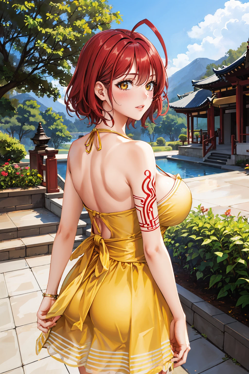 masterpiece, best quality, <lora:alkaid-nvwls-v1-000010:0.9> alkaid, short hair, red hair, antenna hair, arm tattoo, yellow sundress, from behind, large breasts, blush,  <lora:edgChamYellowSundress:1> edgYSD,woman wearing a yellow sundress, garden, east asian architecture
