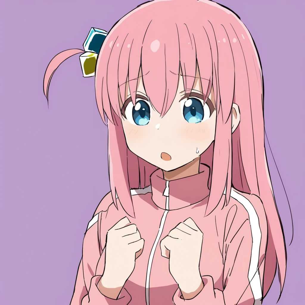 1girl, gotou_hitori, pink_hair, pink_jacket, hair_ornament, cube_hair_ornament, long_hair, one side up, bocchi_the_rock!, BREAK ganbaruzoi, open mouth, upper body, clenched hands, best quality, simple background, <lora:ganbaruzoi-animagine-v1:0.7> <lora:gotoh_hitori:1.0>