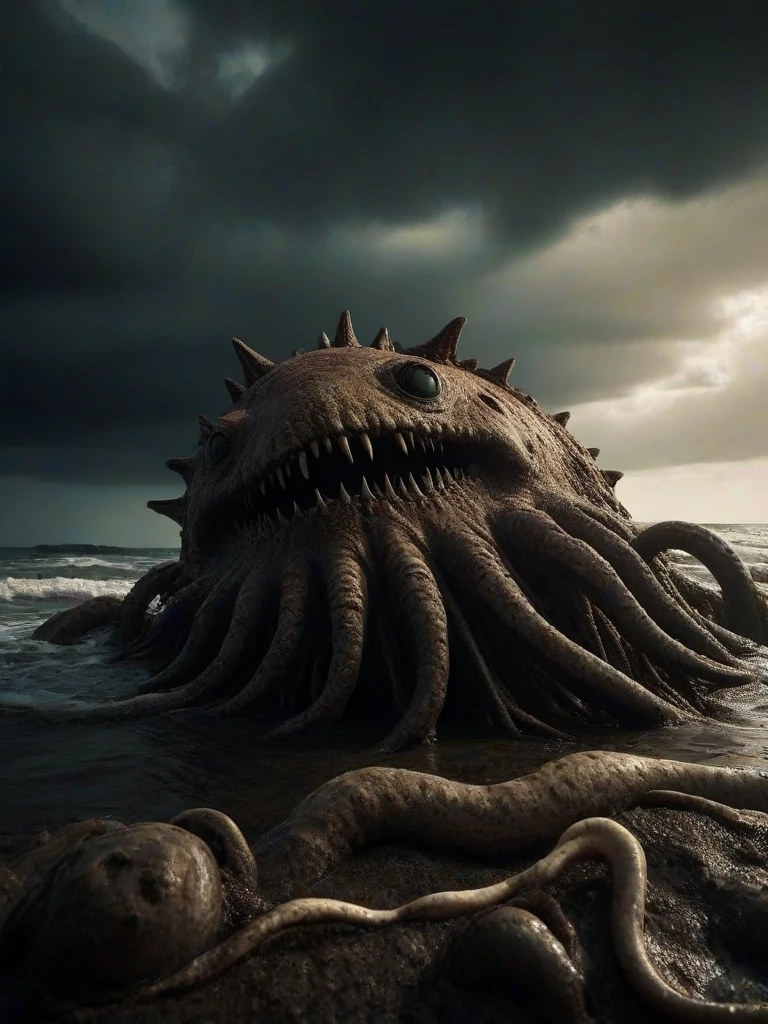 cinematic realism film scene still of a deepocean, (partially underwater shot style:1.1), kraken monster lovecraftian eldritch abomination style, partially on seashore, floating, on water surface, broken boat seen underwater on seabed, <lora:Terror_From_The_Deep0.85>, stormy clouds . 35mm f1.8 Macro, chiaroscuro, shallow depth of field, vignette, Mise-en-scene, detailed, cinemascope, moody, epic, grit, (rust:0.65), cracks, cracked surface, subtle messy, dust, weary, edges rusty dusty, surface scratches, peeled sun bleeched paint, smudges, crumbles, rugged, used