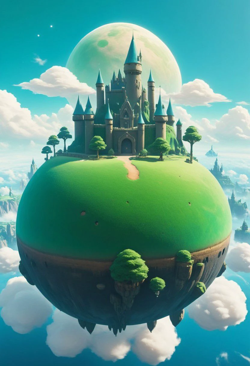 zelda stsyle, a small dark pastel Green/blue planet floating in marine Blue Sky, with castle hyrule standing on it, its towers piercing the fluffy clouds above it