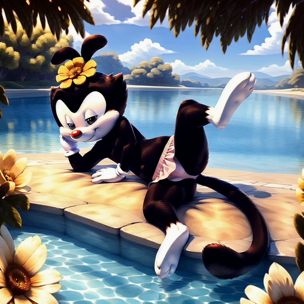 score_9, score_8up, highres, 2d, cel shading, sonic (series), anthro skunk, female, black hair, two curly top hair knot buns with two curly hair strands on the side, hair covering one eye, twink, strapless bathing suit, small breasts, white body fur, green highlights, green eyes, solo, cleavage