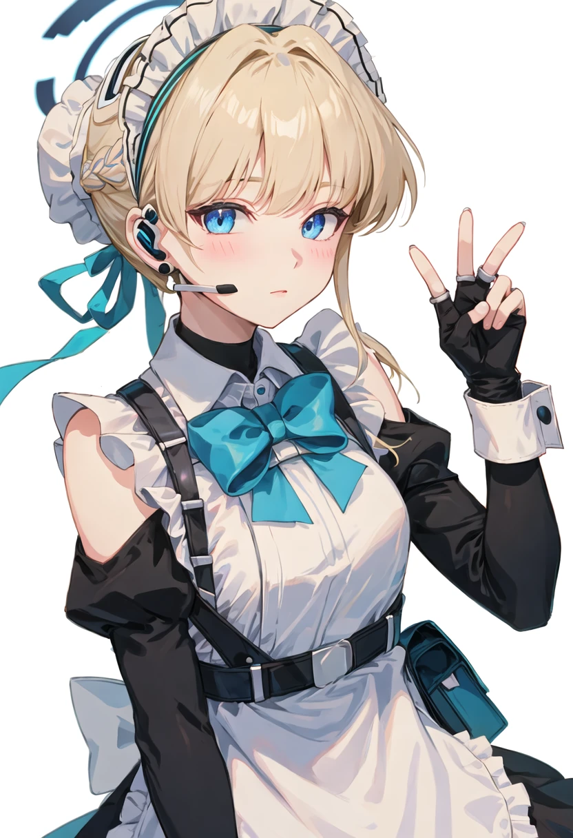best quality, masterpiece, highres, solo, {toki_bluearchive:0.90}, 1girl, black_gloves, chest_harness, closed_mouth, earpiece, fingerless_gloves, maid_apron, maid_headdress, white_apron, black_dress, blue_bowtie, blue_ribbon, hair_ribbon, long_sleeves, looking_at_viewer, double_v, frilled_apron, hair_bun, simple_background, white_background, blush, pouch, short_hair, hands_up, puffy_sleeves, headset, upper_body, waist_bow