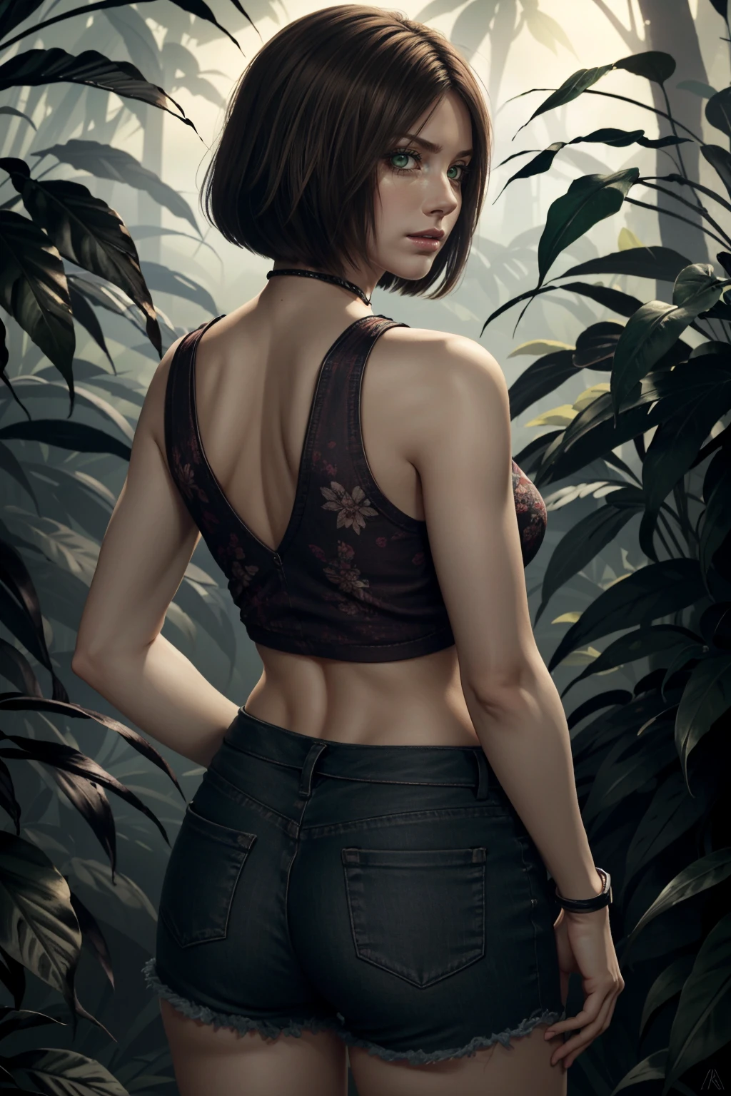 ((ultra detailed, masterpiece, absurdres))
<lora:SH4Eileen:0.8>
SH4Eileen, brown hair, green eyes, bob cut, in a lush jungle with vibrant flowers, from behind, looking back