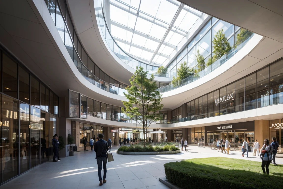 SYJZ,This is a picture of a modern shopping mall. The building is made of glass and concrete and has a curved design. The building has multiple floors and a large open space in the center. The building is illuminated with bright lights, creating a welcoming atmosphere. The shopping center is surrounded by trees and greenery to create a natural environment. The mall is bustling with people walking around and shopping., watermark