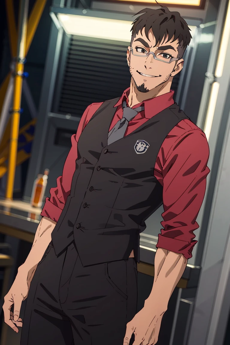 (1 image only), solo male, Jay Chiang, Great Pretender Razbliuto, Asian, Taiwanese, modern Taipei city, 2d, anime, flat, black hair, short hair, high fade, goatee, thick eyebrows, brown eyes, silver glasses, (pure red collared shirt, red sleeves rolled up:1.2), silver necktie, black vest,pants, socks, leather shoes, smile, mature, handsome, charming, alluring, standing, upper body, perfect anatomy, perfect proportions, (best quality, masterpiece), (perfect eyes:1.2), perfect hands, high_resolution, dutch angle, cowboy shot,<lora:EMS-303013-EMS:0.900000>