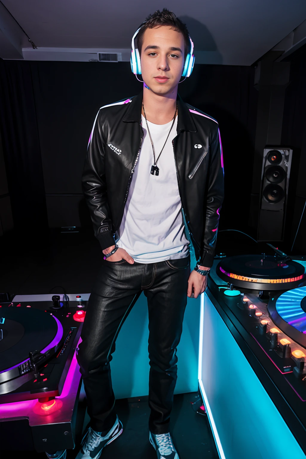 nightclub, neon lights, LukeDesmond is a disc jockey, standing next to (DJ controller, turntable), wearing white shirt, black jacket, black jeans, (DJ headphones), (((full body portrait))), wide angle <lora:LukeDesmond:0.8>