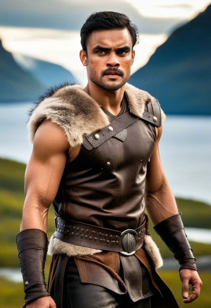 Ultra-detail, (highres:1.1), best quality, (masterpiece:1.3), rufus sewell a man <lora:Sonu-Sood_Rufus-Sewell:1>, a Viking warrior prince wearing fur and leather armor rags rising above a battlefield, scales, handsome 23yo Norway male model, dynamic posture posing, full-body from above, dramatic angle. hairy body, skinny muscled, perfect biceps, great pecs, thin waist, perfect jawline, strong and powerful, sporty, great detail, satisfaction,