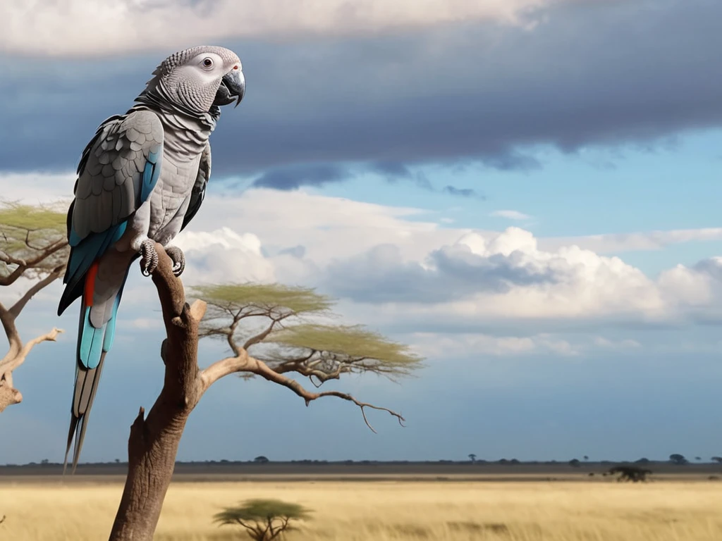 masterpiece, best quality, Breathtaking Photography, Grey African Parrot sitting on a beautiful Savanna Tree, clouds, 8K