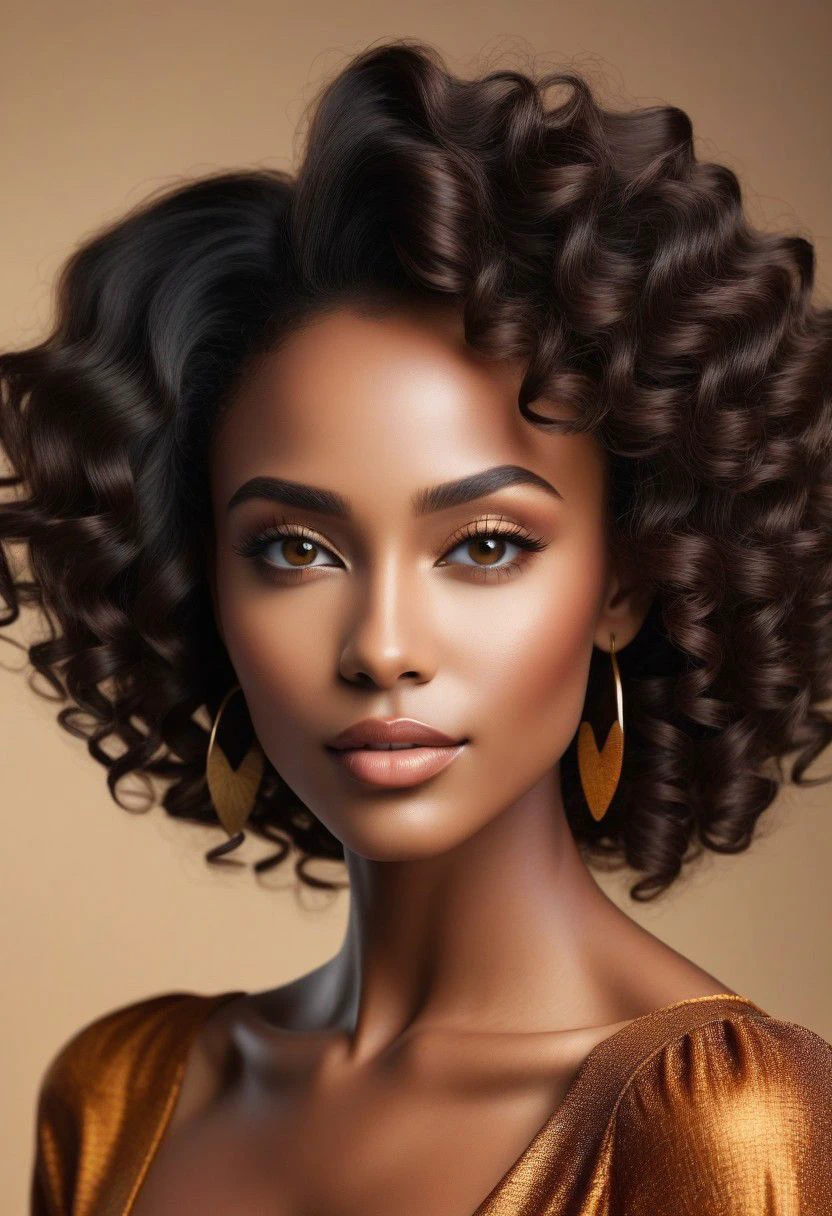 portrait of Beautiful ebony skinned woman, (heart-shaped face), high cheekbones, impeccably shaped arched eyebrows, amber eyes, delicate nose, short curly, slender but curvy,   profile shot