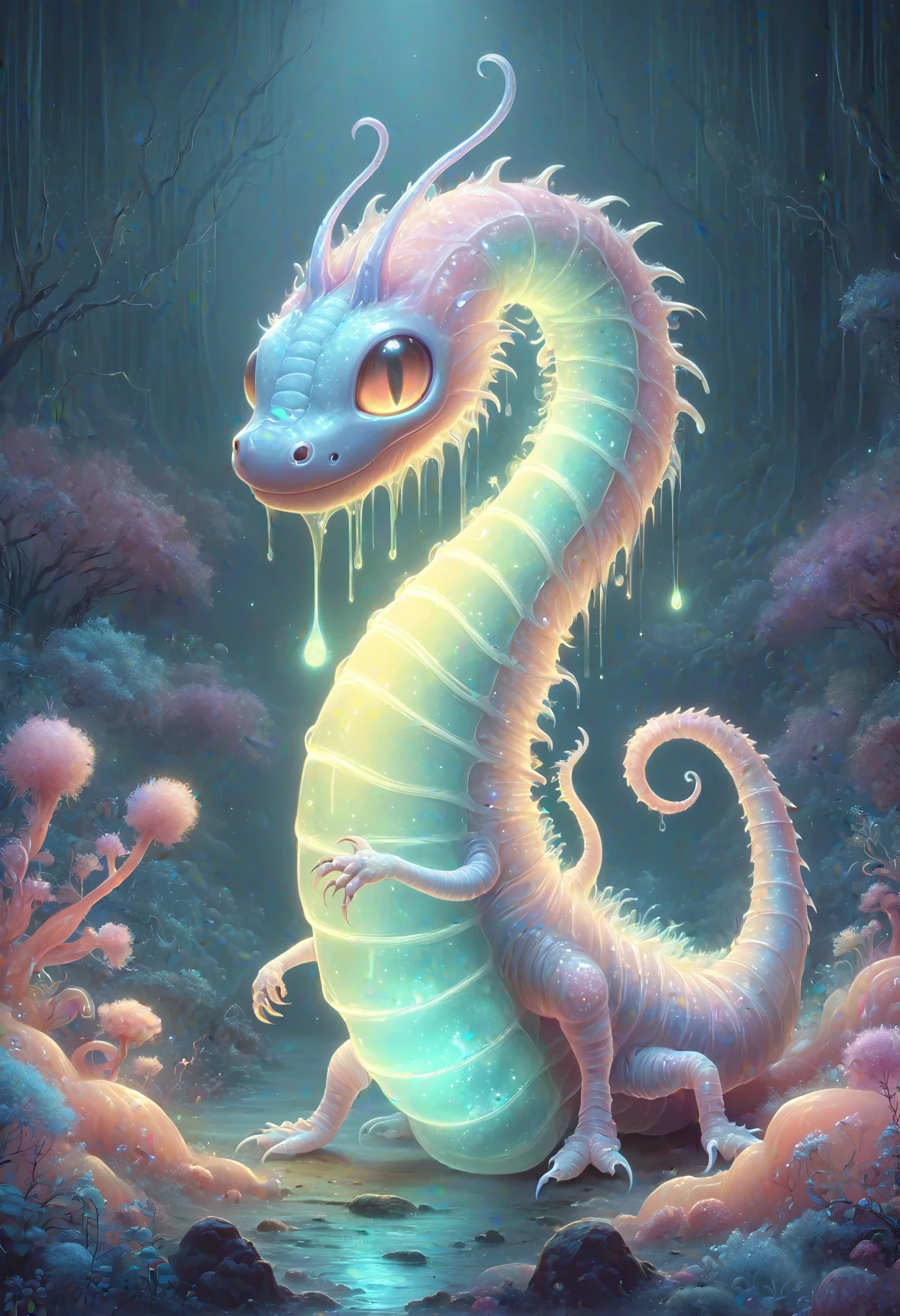 DonMP4ste11F41ryT4l3XL ghibli a bioluminescent liquid radiant stocky Lindworm, bristles, no legs clawed legs, <lora:DonMP4ste11F41ryT4l3XL-000008:0.8>
