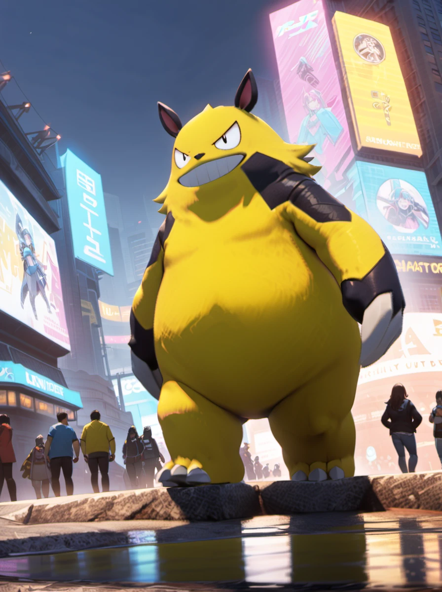 palworld-grizzbolt, pokemon, <lora:palworld_grizzbolt_xl_v1-000019:0.85>, furry male, yellow skin, pot belly, face an audience,
(masterpiece:1.2, best quality:1.1, highres,absurdres, high quality), reflected light, colorful,ultra-detailed,8k, ultra hd, super detailed, (hayasaka ai), cyberpunk style, cyberpunk, science fiction, neon lights, jacket, pants, city