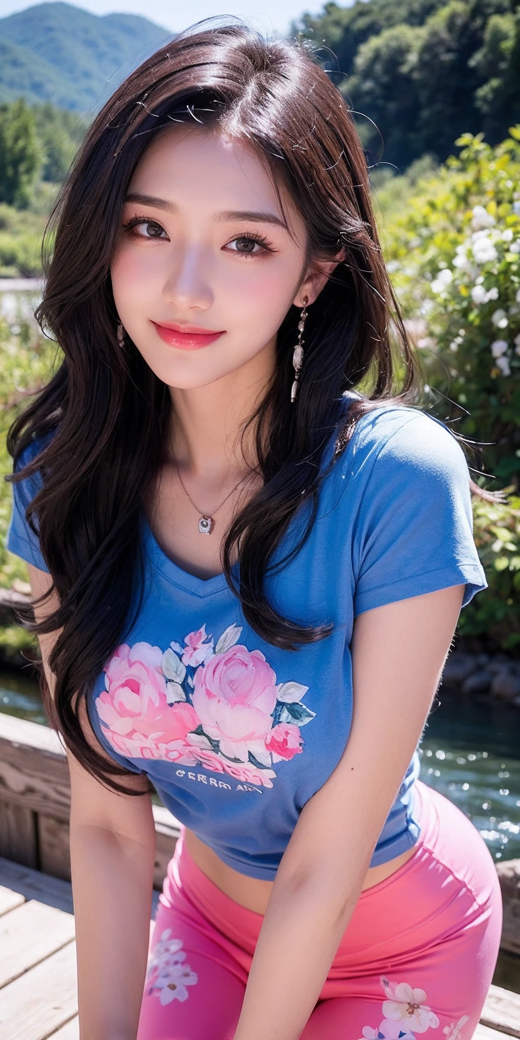 (Realisticity:1.4),Cinematic Lighting,1Girl,(standing,beautiful long_Slender_legs),(korean mixed,kpop idol:1.2),earrings,necklace,(long_brown_wavy_hair),pink_red_shiny_lips,eyelashes,make-up,shiny,Pore,skin texture,big breasts,smile, ((Watercolor floral print t-shirt with delicate and romantic blossoms in soft pastel shades,yoga pants)),((Incredible mountainous panorama, summer, Charming bridges, Rivers)),Dynamic pose,