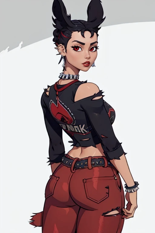 masterpiece,best quality,face detail,extreme detail,8k,white background,<lora:camille:0.6>,camillefn,1girl,solo,looking at viewer,simple background,shirt,black hair,red eyes,animal ears,jewelry,earrings,midriff,belt,pants,necklace,bracelet,torn clothes,black shirt,piercing,ear piercing,spikes,spiked bracelet,red pants,wide hips,cowboy_shot,ass,from behind