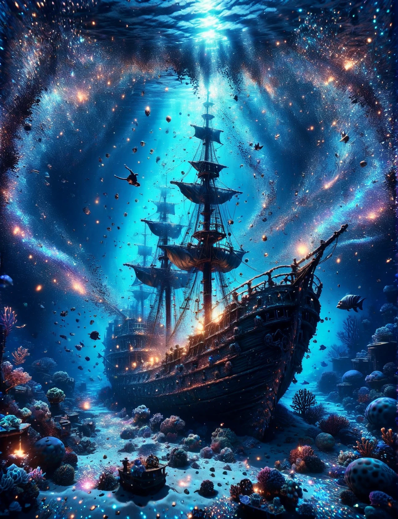 A ais-glttrbmb eerie silhouette of a sunken pirate ship, its ancient timbers surrounded by glittering treasure chests and curious marine life in the deep blue <lora:ais-glttrbmb-sdxl:1>