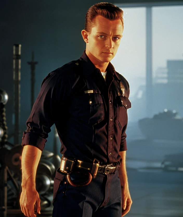 t10om1 , (( indoor background)), upper body, ((close portrait photo)), T-1000 ((Pants))