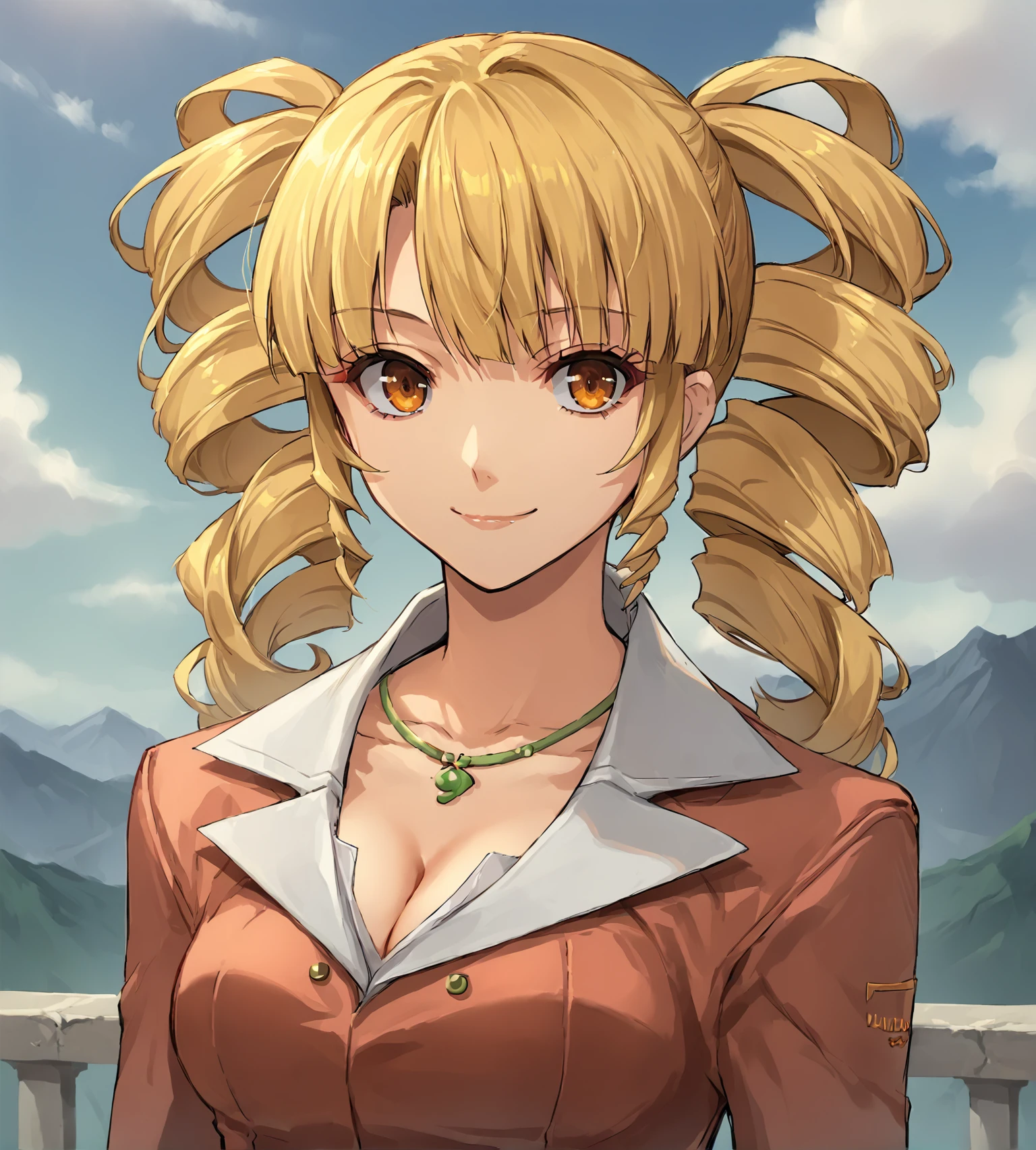 score_9, score_8_up, score_7_up, score_6_up, score_5_up, score_4_up, BREAK,
source_anime, rating_safe
<lora:TrailsFromZeroToAzure:0.9>, mariabellcasual, yellow hair, drill hair, twin drills, long hair, very long hair, orange eyes, medium breasts, red jacket,  cleavage, necklace, white skirt, white high heels,
looking at viewer, smile, upper body, portrait,
1girl, outdoors, sky, clouds, distant mountains,