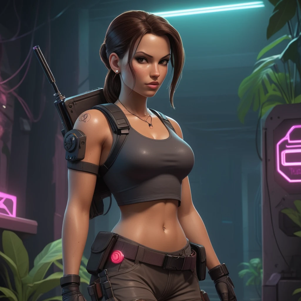 lara croft depicted by Disney, full body, cyberpunk, retrowave