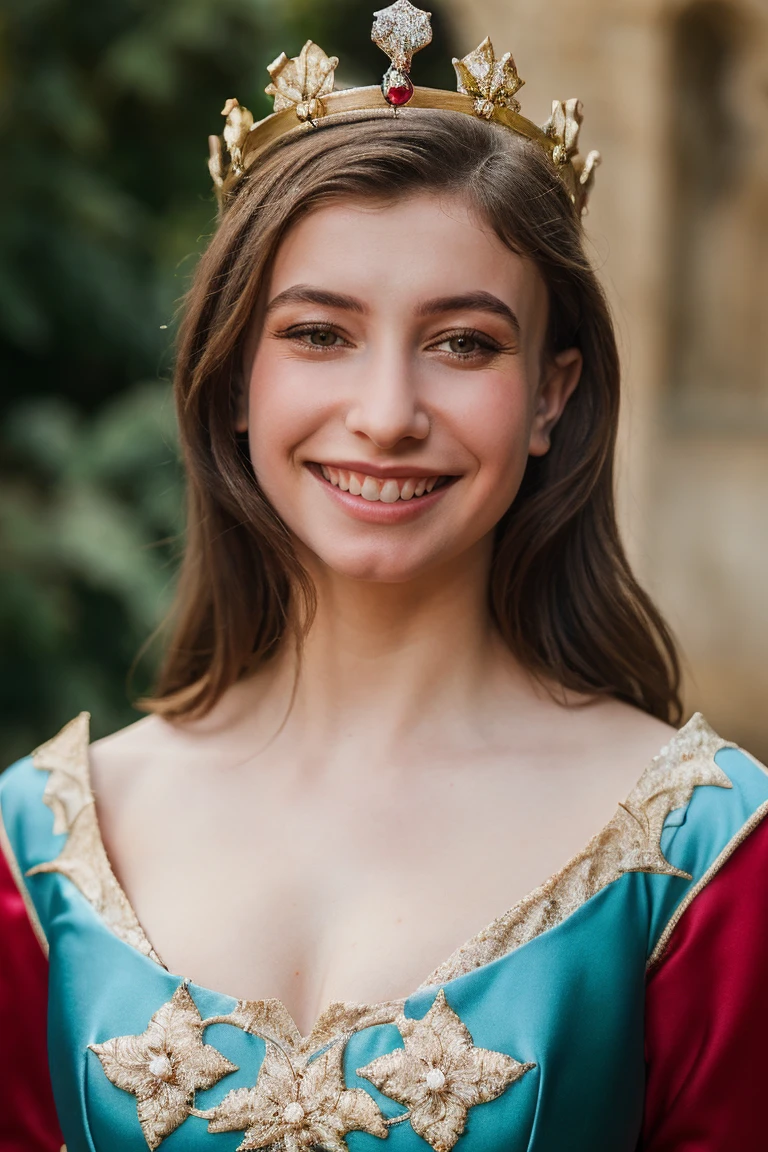 1girl, solo, portrait of a medieval princess from medieval era wearing princess dress, crown, grin, at castle, focus on face, symmetrical angle, blurry_background, bokeh, chromatic_aberration, depth_of_field, female focus, photorealistic, soft colors, masterpiece, high quality, (high detailed skin:1.1)
 <lora:katelyn_nacon_lora_v02:1> kat99