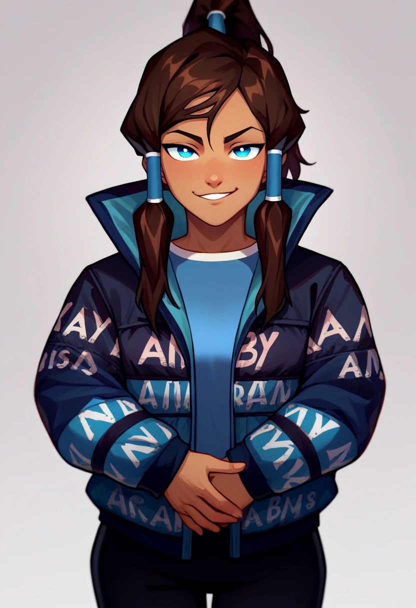 score_9, score_8_up, score_7_up, source_cartoon, solo, 1girl, korra, avatar legends, dark skin, smug, looking at viewer, own hands together, brown hair, ponytail, hair tubes, blue eyes, dripjacket, black pants <lora:attire_dripjacket_ponyXL:1>