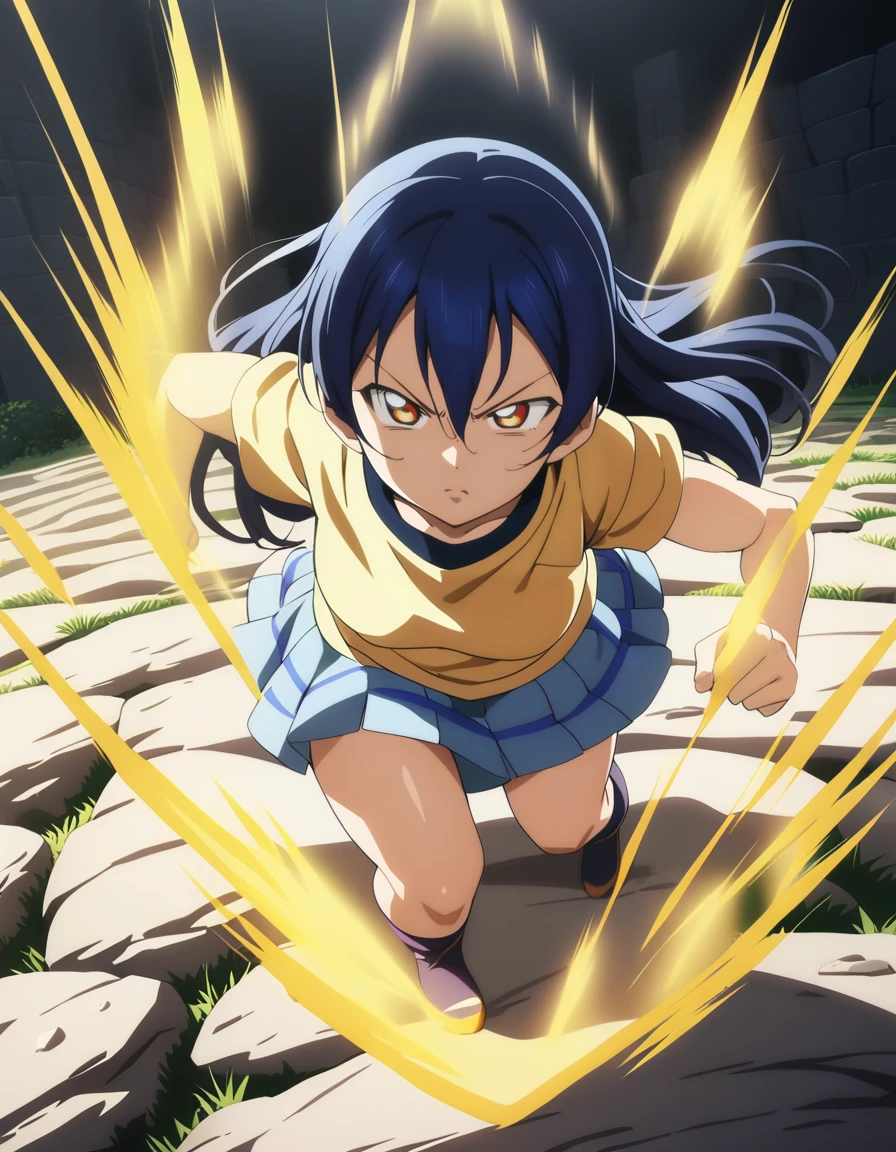 1girl,
sonoda umi, love live!
casual wear,skirt,
v-shaped eyebrows,serious,
<lora:supersaiyanauraXL3:1.1>,supersaiyanaura,(yellow aura:1.5),(aura:1.5),(energy:1.1),
fighting stance,
rocky area,
full body,
masterpiece, best quality, ultra detailed, highres,4k,(ultra-detailed:1.4) (illustration:0.5), (ray tracing,:0.8),(anime colored:0.7),(ai-generated:0.2),
