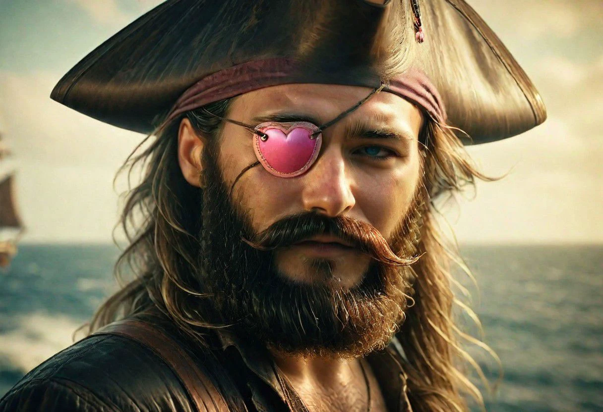 Smiling intimidating to Viewer, Angry smiling manly old vintage retro pirate with cute pink heart print leather eye-patch, parrot, knife, hat, ocean, Wind, sailing, Epic tousled beard, gold tooth, 
very detailed, raw photo, photorealistic, high detailed texture, 8k uhd, dslr, soft lighting, high quality, film grain, Fujifilm XT3, highly detailed photography, atmospheric haze, Film grain, cinematic film still, shallow depth of field, highly detailed, high budget, cinemascope, moody, epic, OverallDetail, gorgeous, 2000s vintage RAW photo, photorealistic, candid camera, color graded cinematic, eye catchlights, atmospheric lighting, skin pores, imperfections, natural, shallow dof