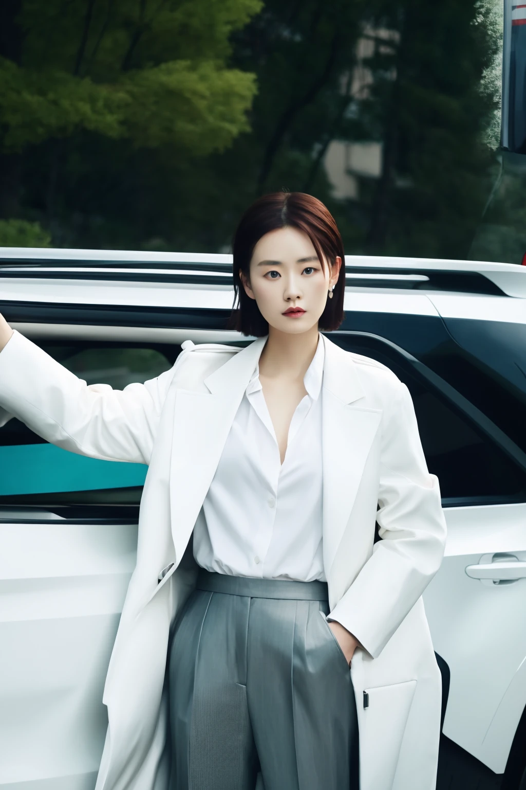 LYS,liuliu,bag, jacket,motor vehicle,pants,ring,white shirt<lora:LYS-000018:0.9>