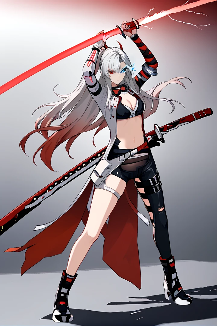 score_9, score_8_up, source_anime, solo, 1girl, sword, weapon, sheath, holding, holding sword, long hair, holding weapon, multicolored hair, navel, breasts, belt, katana,  gloves, single pantsleg, white hair, fingerless gloves, sports bra, pants, full body, cleavage, thigh strap, red eyes, standing, black gloves, coat, sheathed, torn clothes, looking at viewer, glowing, scabbard, closed mouth, medium breasts, red hair, heterochromia, blue eyes, flaming eye, white coat, prosthetic arm, asymmetrical legwear, black footwear, unsheathing, bandaged arm, goggles, goggles around neck, black sclera, black pants, boots, gradient hair
BREAK (((red lightning))), dark, unsheathing, energy sword, glowing katana, holding katana, chiaroscuro, weapon pose, holding katana over head, holding sheath
 <lora:crimsonweave-step00003500:1>