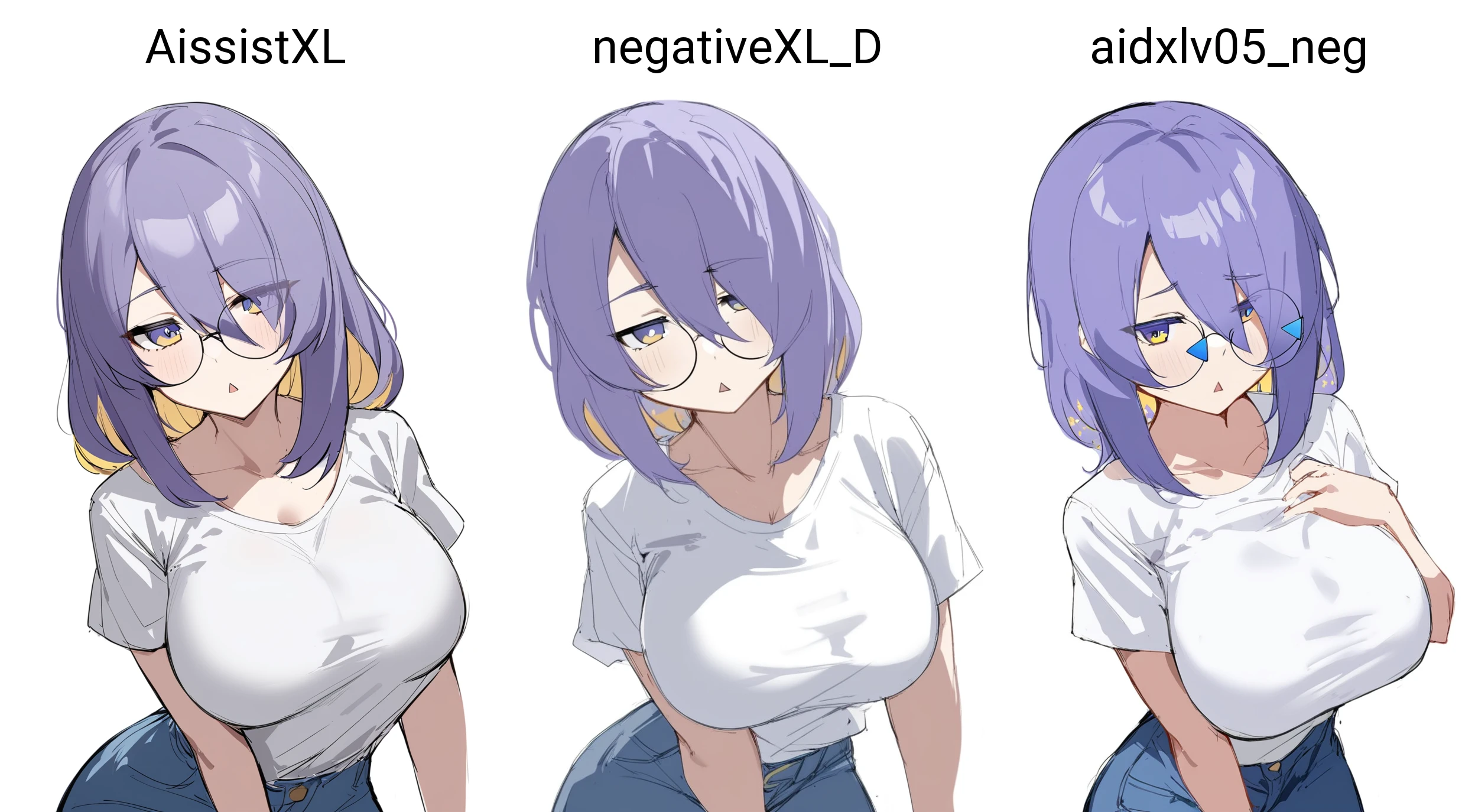 1girl, moona hoshinova, hololive, hololive indonesia, solo,
short hair, wavy hair, white t-shirt, large breasts, denim, round eyewear, glasses, triangle mouth, white background, simple background, sketch,
masterpiece, best quality,