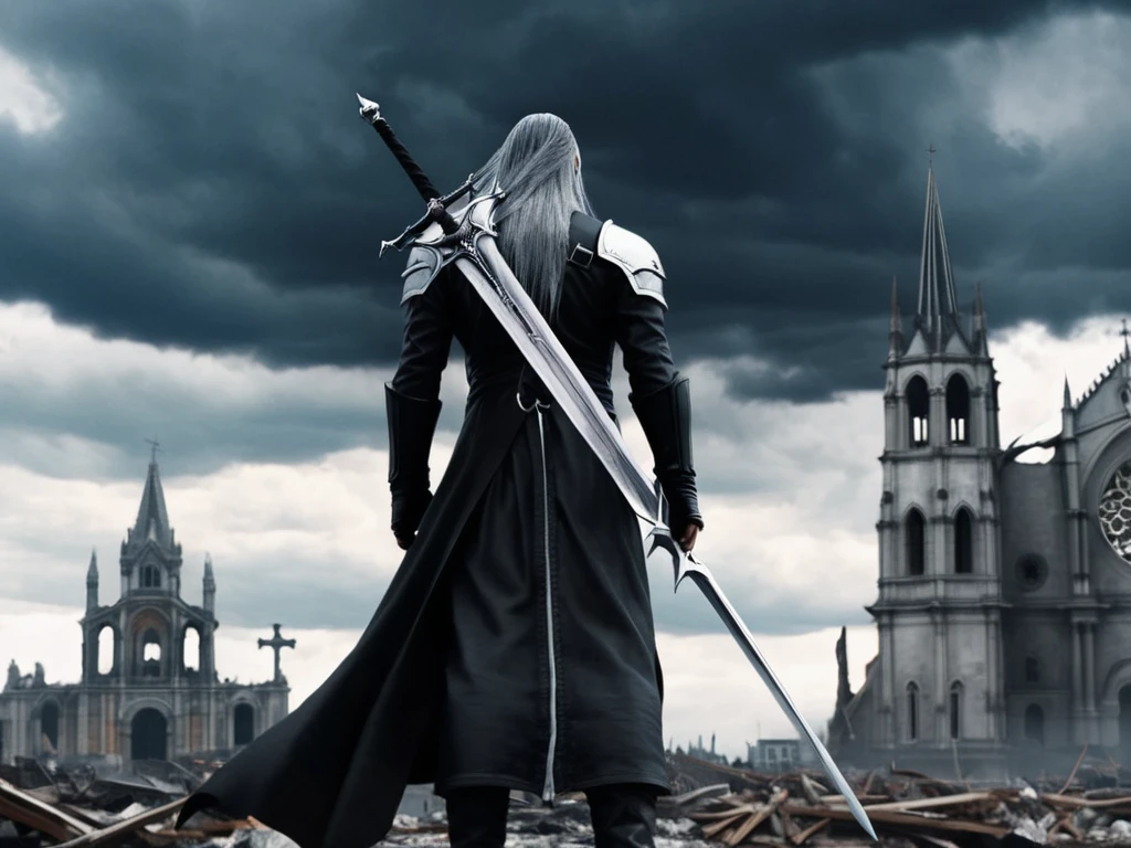 Dark Art, Horror Art, Sephiroth standing in front of a destroyed Cathedral, dark clouds, 8k