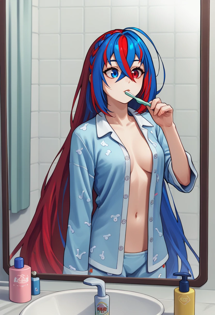 score_9, score_8_up, score_8_up, source_anime BREAK 1girl, solo, <lora:alear-fe-richy-v1_pdxl:1> alearrnd, heterochromia, blue eyes, red eyes, multicolored hair, red hair, blue hair, braid, crossed bangs, very long hair, pajamas, toothbrush, toothpaste, bathroom, in mirror, partially unbuttoned