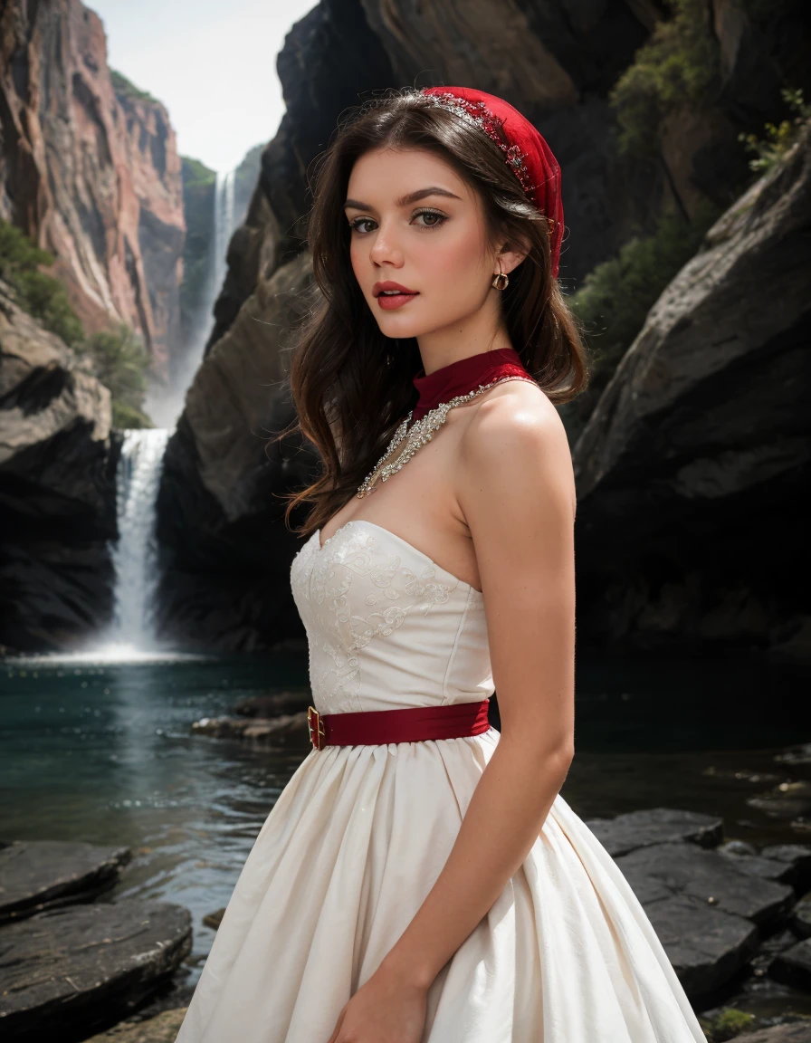 Shot From Below, (Vintage Charm:1.3), Visualize a (upper body shot:1.5) portrait of a woman wear (red|wine:1.5) (wedding|dress cutout:1.5), hair veil, turtleneck dress, nice detailed hair , (looking at viewer:1.1), muted lighting that adds to the nostalgic and romantic feel of the image. Vibrant color, The light should be diffused and warm, creating a sense of red old-fashioned charm and elegance. location at Stunning waterfalls cascading down rocky cliffs. detailed hair, detailed face, detailed eyes, detailed texture skin