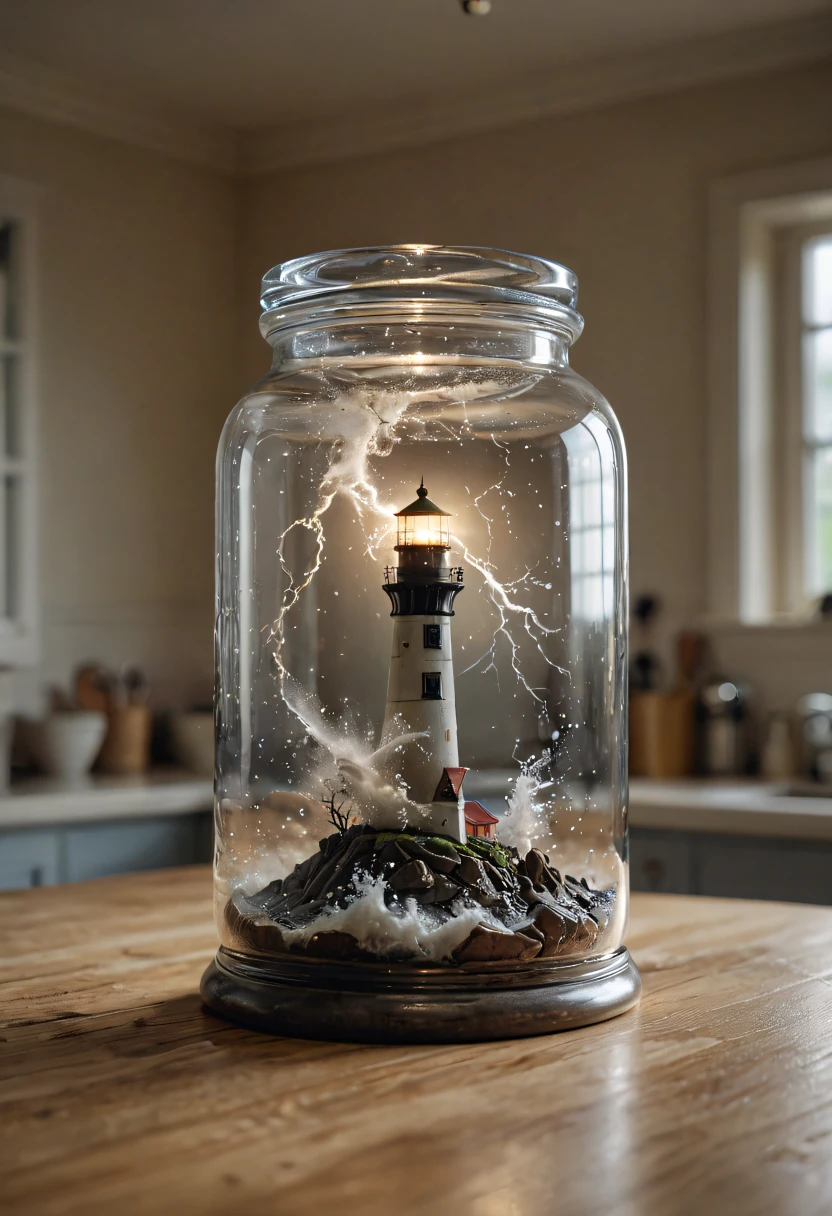 breathtaking an epic scene, an optical illusion of a lighthouse in a storm inside of a glass jar, glass jar sitting on a kitchen counter, no windows, volumetric lighting, volumetric, ray tracing, sense of awe, swirling mist, sense of awe, mystical, style of Jay Anacleto, bokeh, . award-winning, professional, highly detailed,