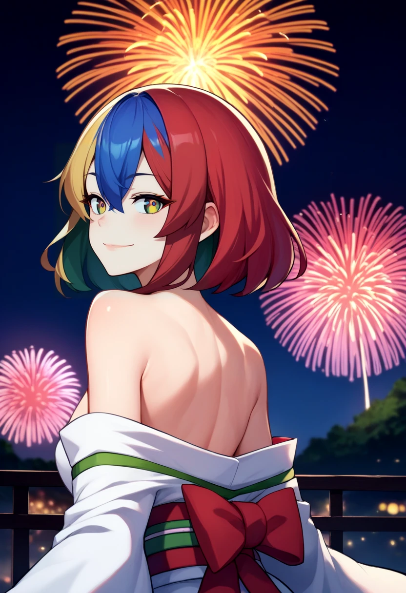 score_9, score_8_up, score_7_up, source_anime, solo, 1girl, googlechrome, smile, looking back, multicolored eyes, japanese clothes, kimono, off shoulder, bare shoulders, fireworks <lora:gijinkaseries_googlechrome_ponyXL-000006:1>