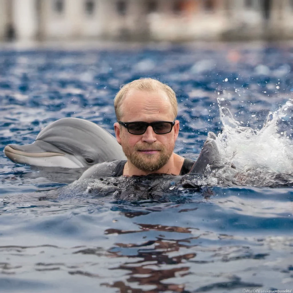 Piotr Adamczyk swimming on the dolphin