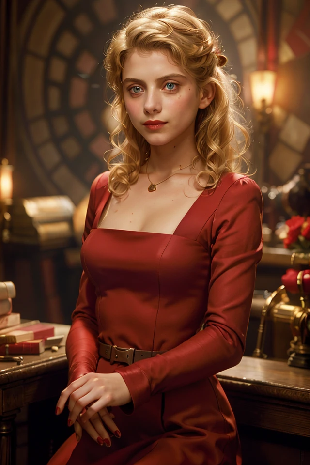 Shosanna Dreyfus, solo, 1 girl, blonde hair,(red square neck dress:1.2), red dress, red lips, red nails, blue eyes, jewelry, lips, realistic, breasts, curly hair, collarbone, long sleeves, looking at viewer, makeup, necklace, portrait, Shoulder-length hair, smile, (red square neck dress:1.2), Inglourious Basterds,