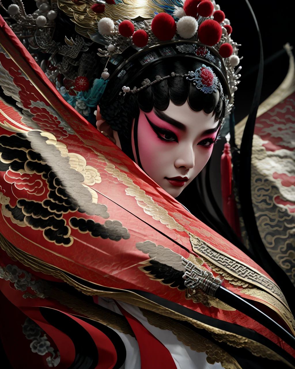 best quality,masterpiece,highly detailed,ultra-detailed, <lora:BeijingOpera:1> beijing opera, solo, 1girl, black hair, makeup ,fighting stance, holding weapon,
close-up, <lora:nijipunk:1> nijipunk