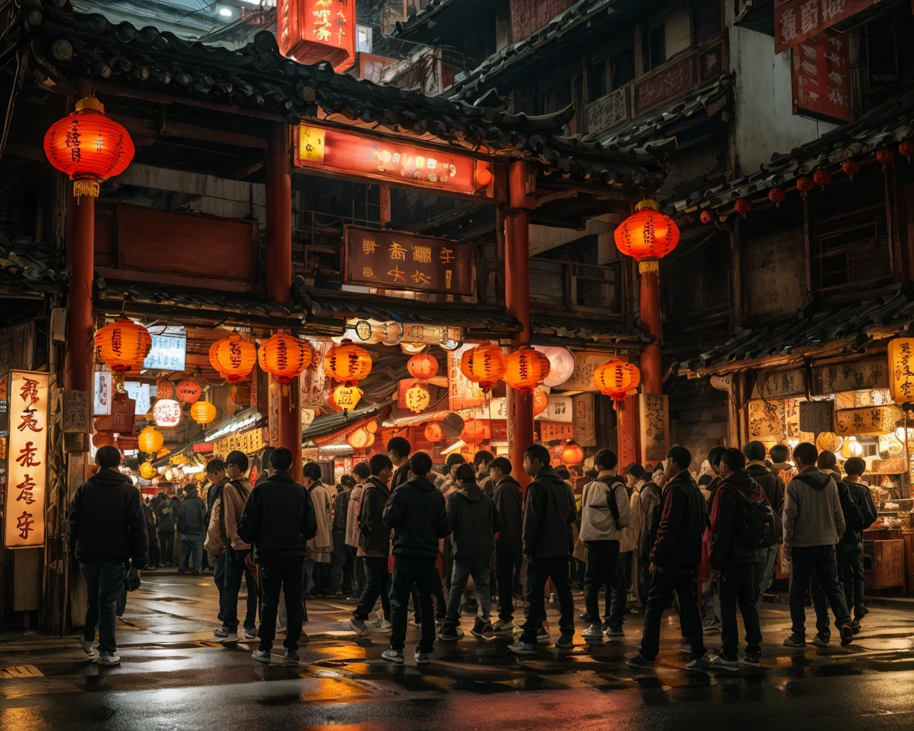 best quality,masterpiece,highly detailed,ultra-detailed,
<lora:neg4all_bdsqlsz_V3.5:-1>,
<lora:Taiwansnightmarkets:1>
Taiwans night markets, paper lantern, scenery, lantern, chinese text, multiple boys, outdoors, shop, storefront, sign, people, standing, architecture, building, east asian architecture, alley, road