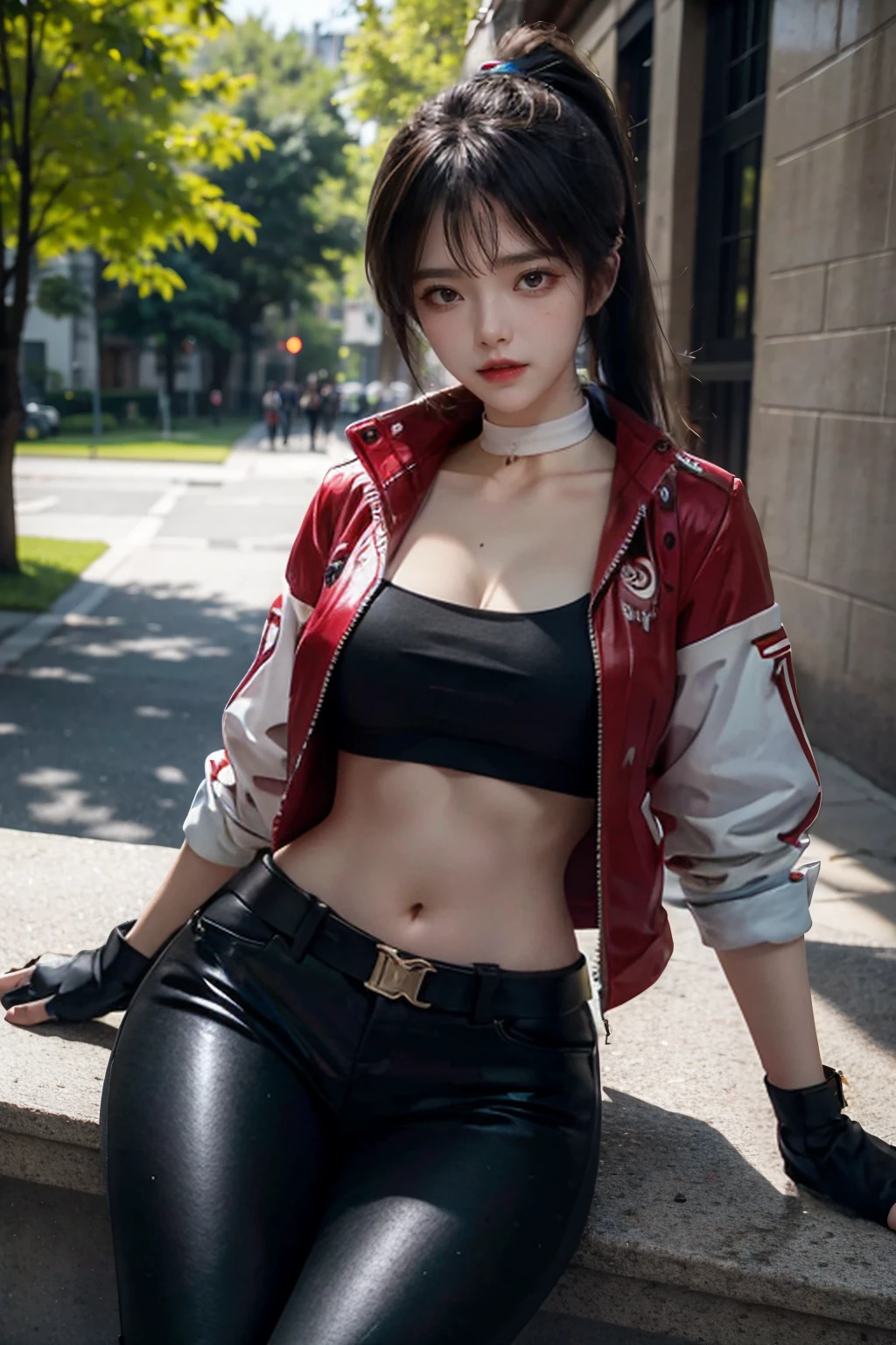 baiyuekui,solo,outdoors,city,street,
((white choker,white sleeves)),ponytail,boots,fingerless gloves,(black crop top),pants,black pants,belt,red jacket,short jacket,
long legs,slim legs,large breasts,wasp waist,narrow waist,wide hips,pose,full body,
(realistic,photorealistic:1.4)(masterpiece,best quality,ultra detailed,highres,absurdres:1.2),
<lora:neg4all_bdsqlsz_V3.5:1>,<lora:ybaiyuekui_SD15_V5:0.65>,