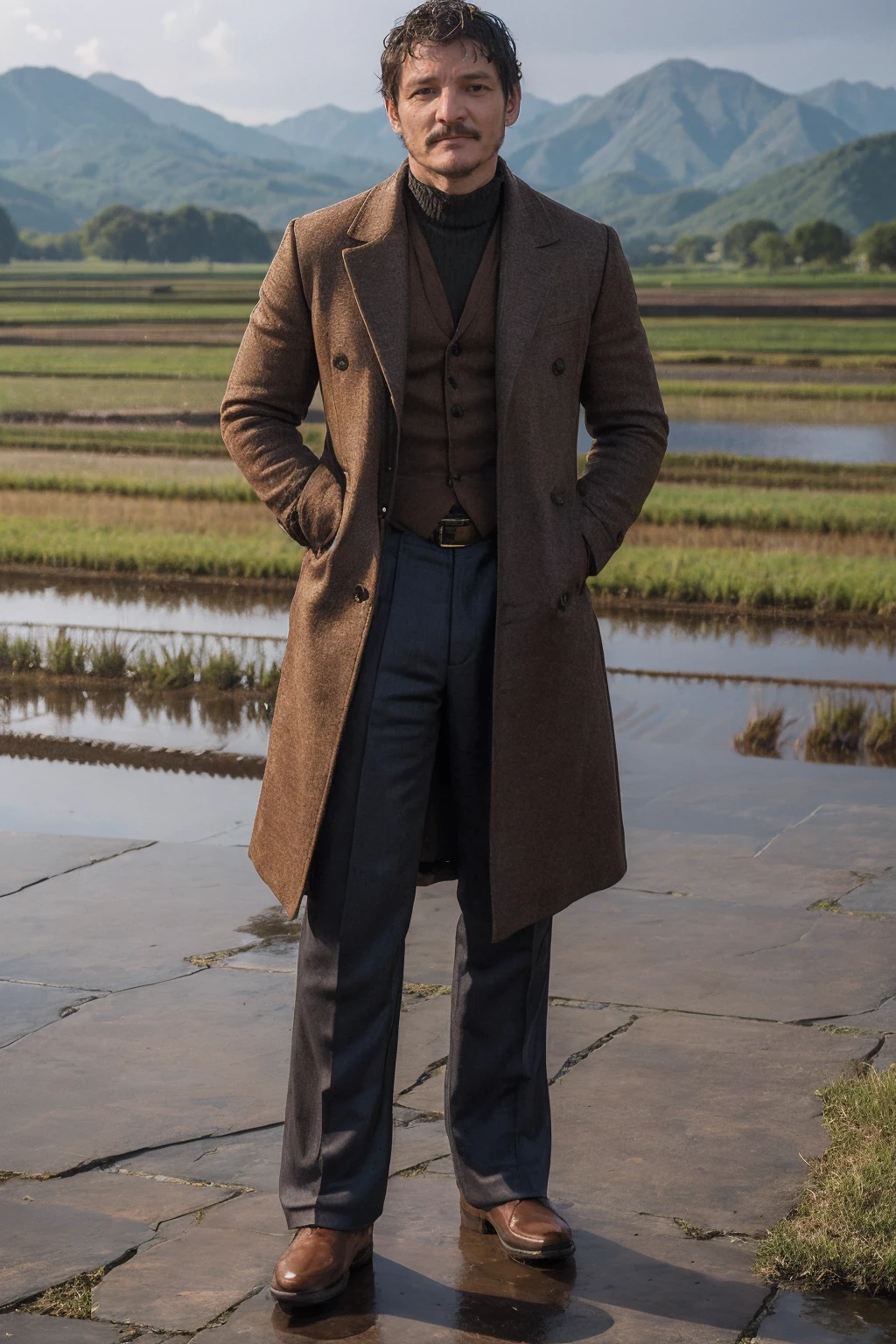 <lora:pedropascal:0.9> pedropascal, a man, Overcoat and herringbone trousers, rice fields