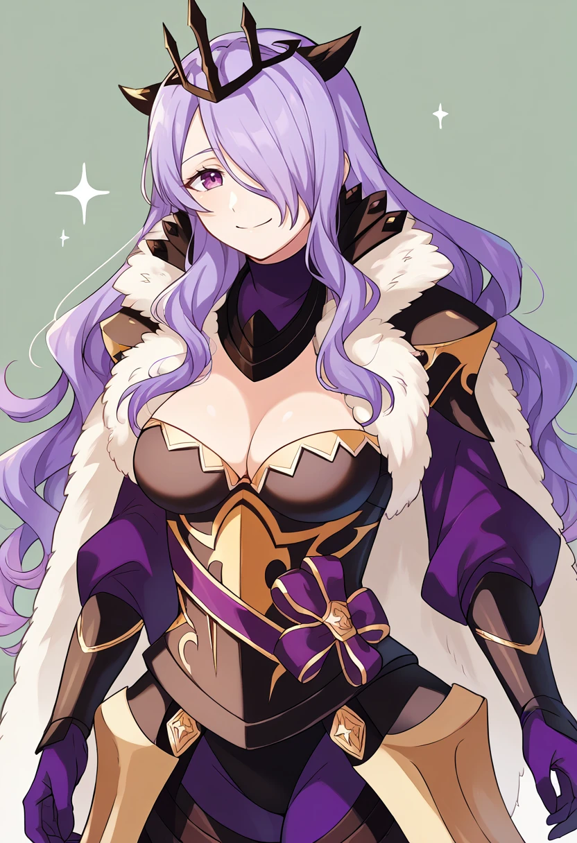 score_9, score_8_up, score_7_up, source_anime BREAK 1girl, solo, <lora:pochimaru-artist-richy-v1_pdxl:1> <lora:camilla-pdxl-nvwls-v1:1>brvCm, hair over one eye, crown, cape, high collar, fur trim, armor, cleavage, armored boots, purple gloves, looking at viewer, smile