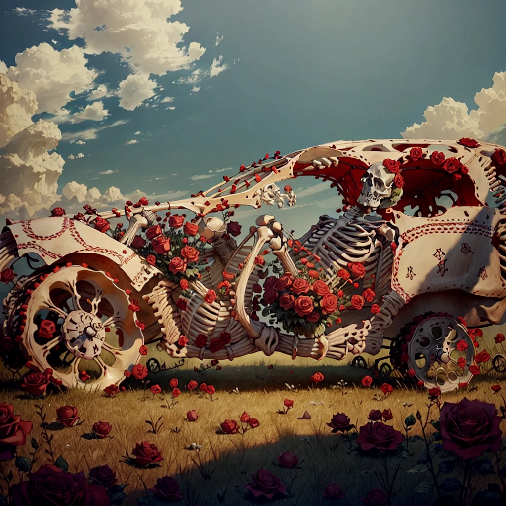 GratefulAI bone car made out of a (skeleton:1.2) with red roses, beautiful summer day, grassy field, volumetric lighting, hyperrealism, bright and colorful, rendered in unreal engine <lora:GratefulAI:.8>