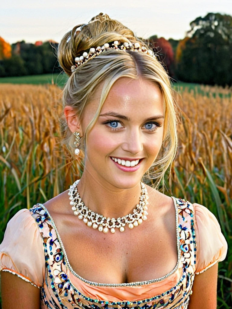 Photo taken at dusk, candid photo, half length, Incredibly beautiful 25 year old blonde woman, striking [blue:0.3] eyes, hair in bun, flawless skin, pastel orange regency period dress, beads, pearls, gathers,  tiny waist, slender, huge breasts, confident and graceful posture, laughing, grassy meadow in the fall,  young [Heidi Klum|Kate Moss] ,  <lora:Regency:0.9> r3g3ncy, (pores sweat skin texture:0.5)