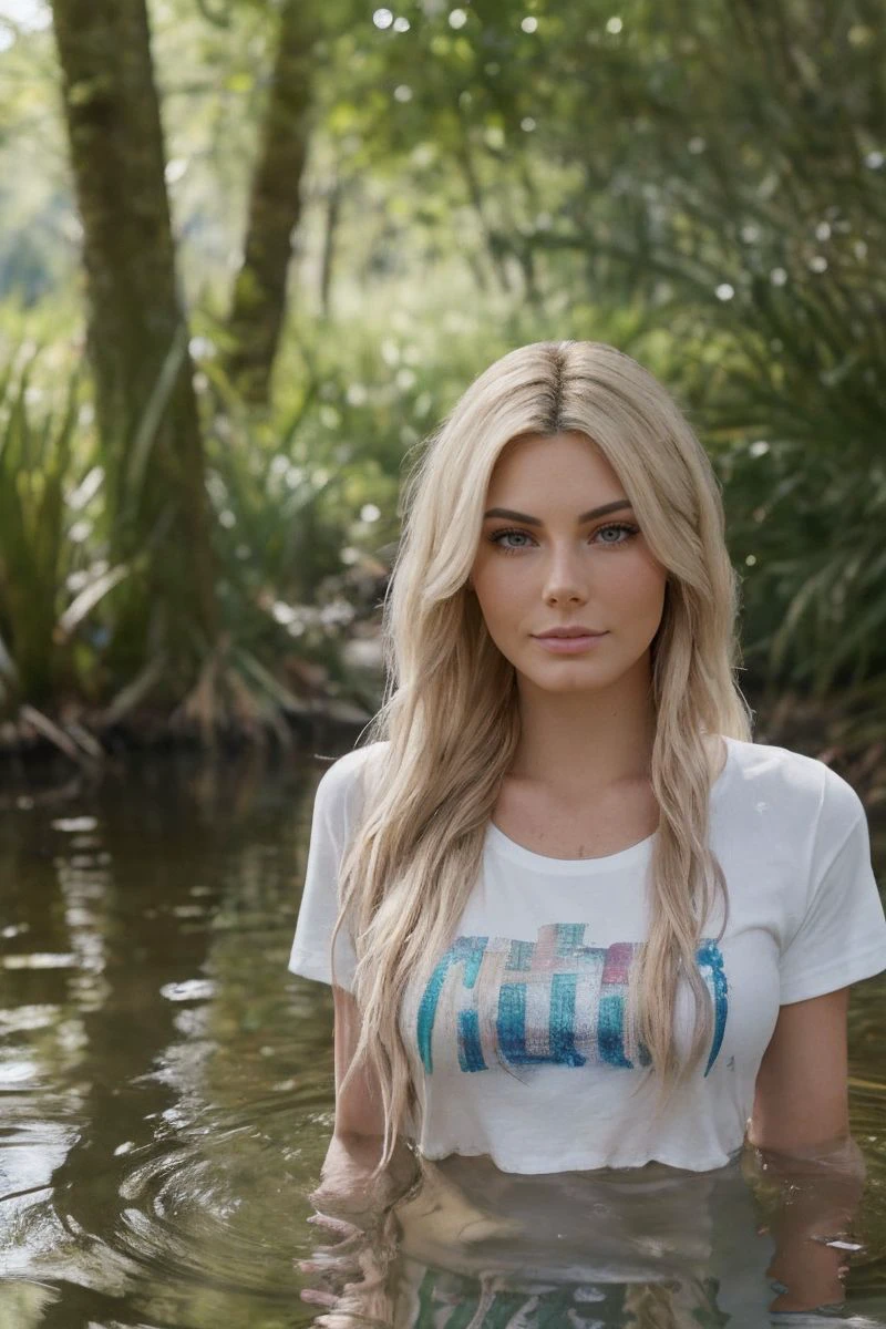 portrait of S330_NellaJones,a beautiful woman,in a (swamp:1.1),wearing a (white-t-shirt:1.1),(wet-hair),(4k, RAW photo, best quality, depth of field, ultra high res:1.1),(absurdres, intricate, photorealistic, masterpiece, ultra-detailed:1.1),