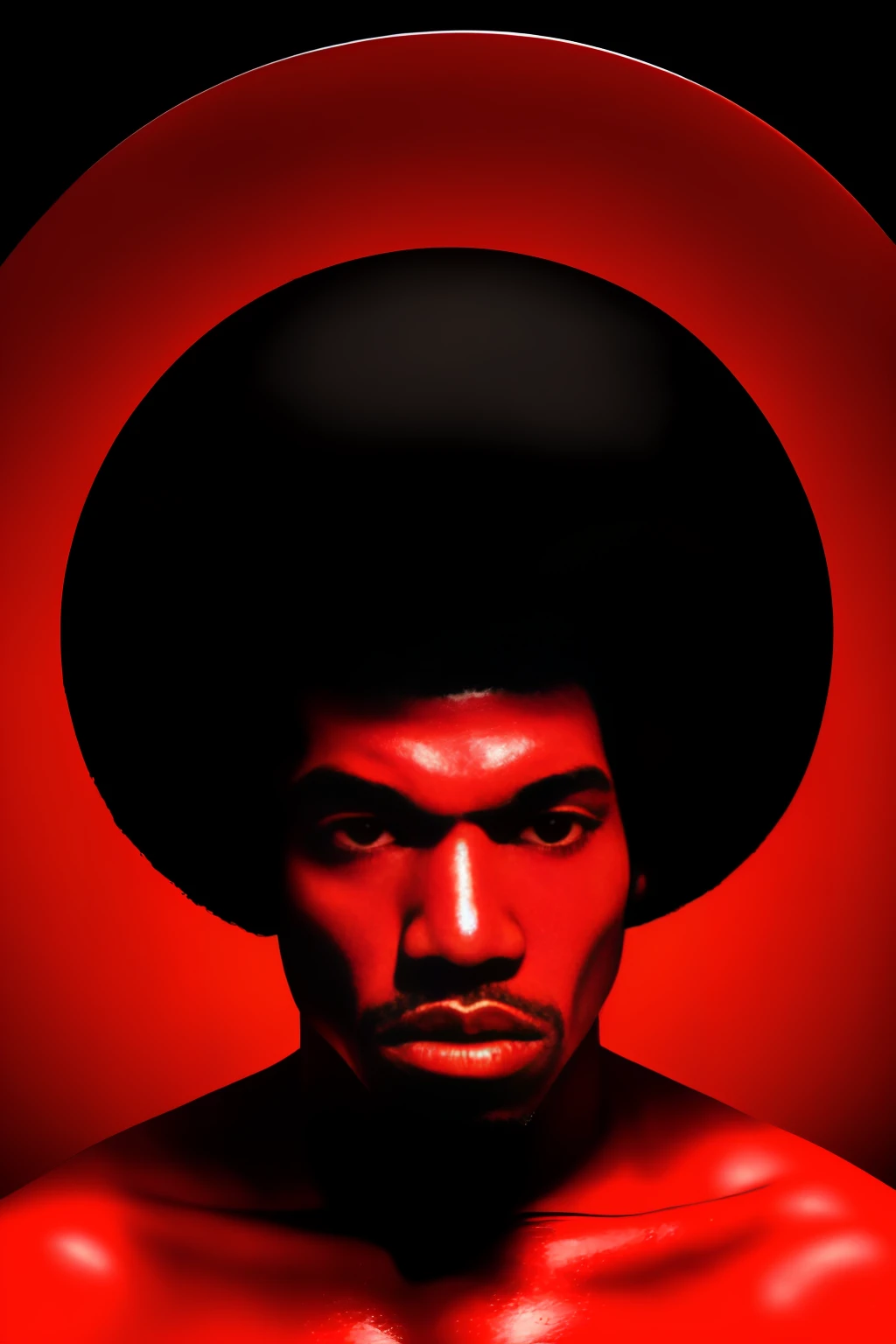 32K, critically acclaimed, masterpiece, dramatic headshot, photograph of, african, 1man, solo, male focus, black hair, (pickedfro:1.05 haircut), looking at viewer, (black background, red spiral background, pop art background), <lora:afrohelperv2:1>